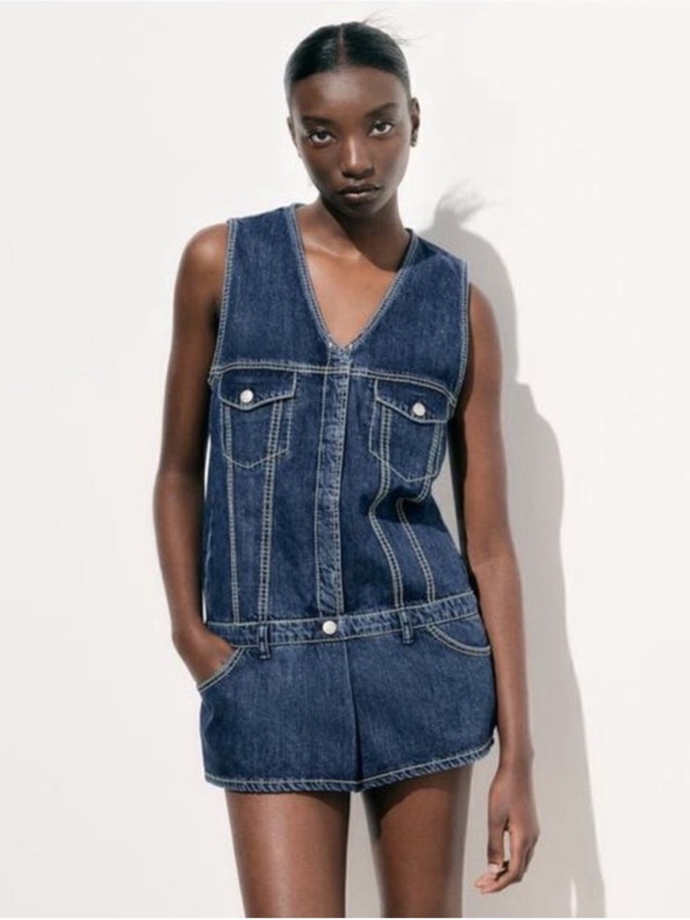 Zara TRF Denim V-Neck Sleeveless Romper Jumpsuit M